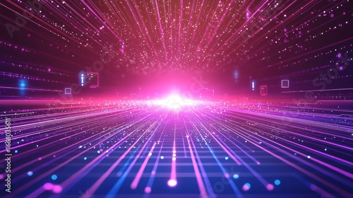 Vector illustration of digital horizontal empty space with digital glowing element grid line and circuit for advertising and game artwork background.
