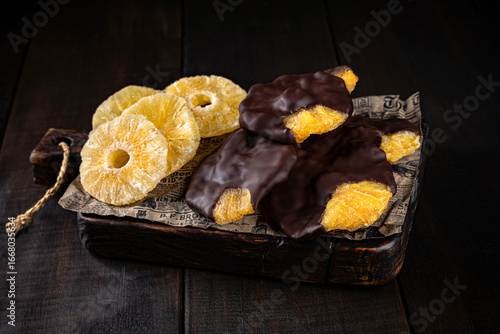 Pineapple in chocolate glaze on craft paper and wooden boards. Healthy sweets, natural desserts, sugar free treats, clean eating concept.