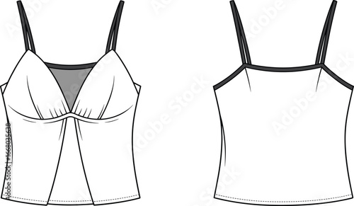 Women’s camisole top flat sketch, contrast strap fashion technical drawing, apparel design template, clothing vector illustration, lingerie garment sewing blueprint