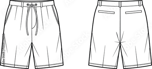 Men’s tailored shorts flat sketch, drawstring waistband technical drawing, fashion apparel design template, clothing vector illustration, summer garment sewing blueprint