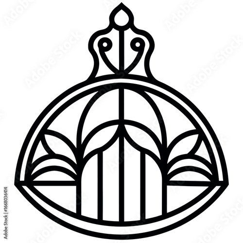 Black outline of a stylized bird cage or ornate emblem on a white background black and white graphic