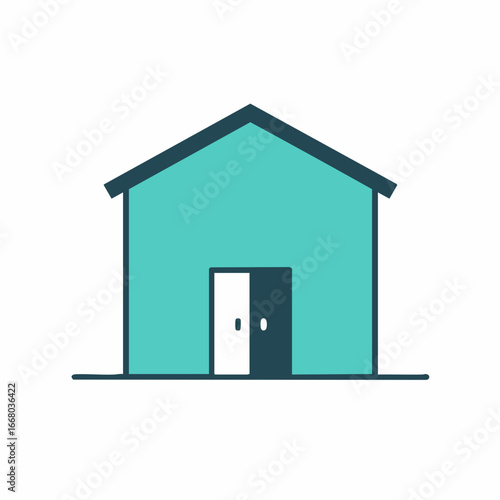 Teal house icon with a partially open door, outlined in dark blue