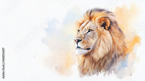 Majestic lion portrait in watercolor style, showcasing its powerful features and vibrant mane against soft, colorful background