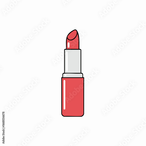Minimalist coral lipstick with silver casing and black outline, beauty product