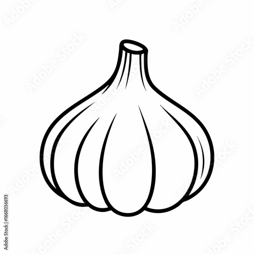 Cartoon Garlic Bulb with Distinct Cloves and Stem, Outlined in Bold Black