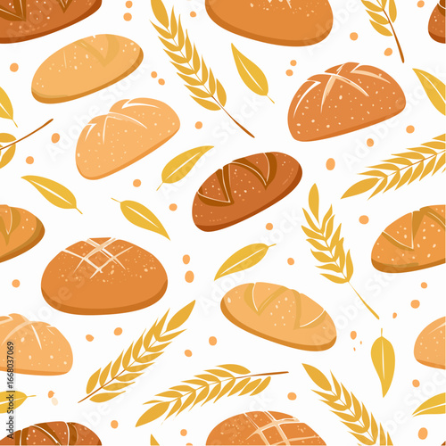 Seamless pattern with fresh baked bread. Trendy print of bakery products.