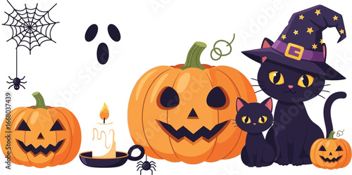 Spooky halloween night with pumpkins black cats ghost spider web and candle