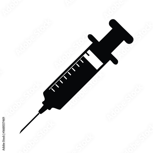 Black Silhouette of Medical Syringe for Injection, Illustration on Isolated White Background, Medical injection silhouette vector illustration