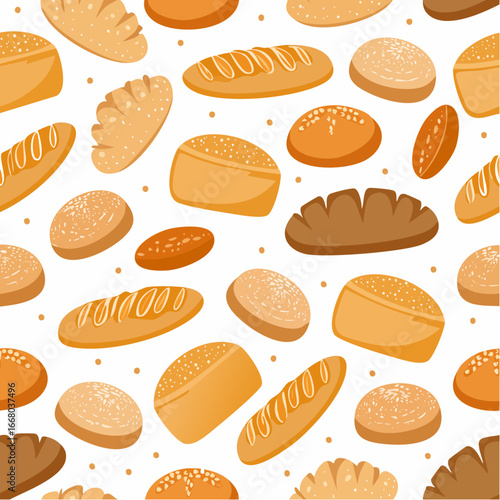 Seamless pattern with fresh baked bread. Trendy print of bakery products.