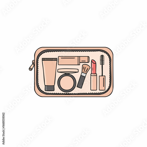 Cosmetic Bag with Makeup: Cream, Compact, Brush, Lipstick, Mascara