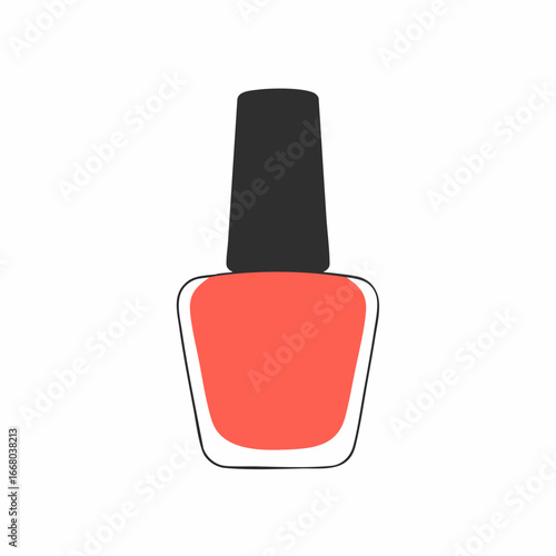 Coral nail polish bottle with black cap, outlined in dark gray