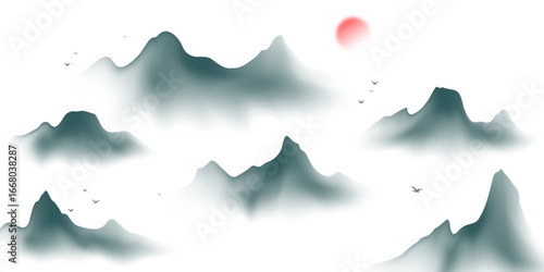 Modern design vector illustration of beautiful Chinese ink landscape painting.