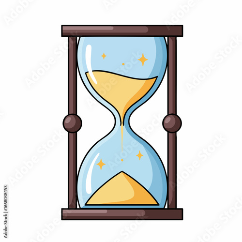 Cartoon hourglass with golden sand, blue glass, and sparkling star accents