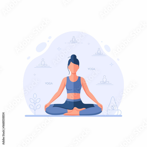 Woman meditating in lotus pose wearing blue activewear with hair tied up practicing mindfulness.