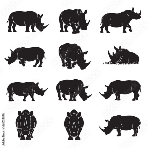 Collection of Rhinoceros Silhouettes in Various Poses Illustration of Endangered Species Black and White Design Element for Conservation Projects