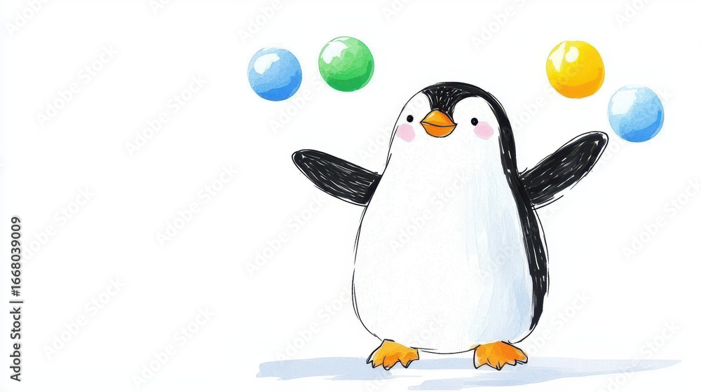 Fototapeta premium Cute cartoon penguin juggling colorful balls, showcasing playful and cheerful demeanor. This whimsical illustration captures joy of fun