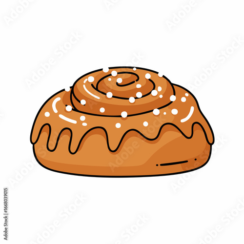 Cartoon cinnamon roll with glaze and white sprinkles, isolated illustration
