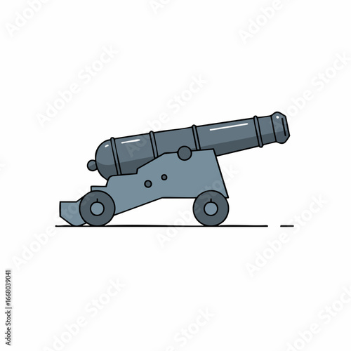 Stylized Gray Cannon with Black Outlines and Circular Wheels Illustration