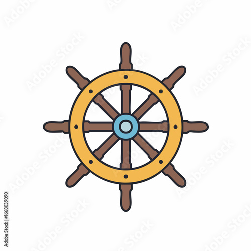 Nautical Ship Wheel Illustration: Brown Spokes, Yellow Rim, Blue Center
