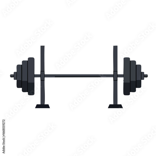 A minimalist 2D flat vector illustration depicts a robust barbell with solid weight plates, perfectly poised for an intense lifting session, isolated on a clean white background.