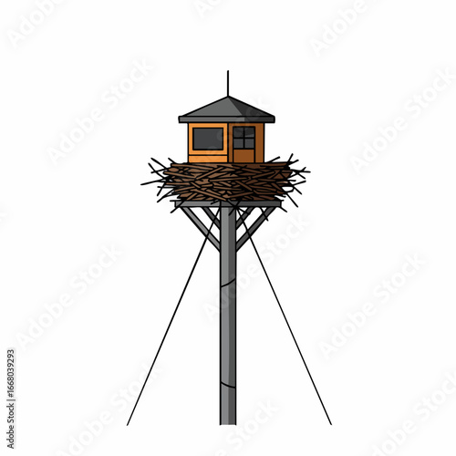Elevated Observation Post with Nest-Like Structure and Small Window