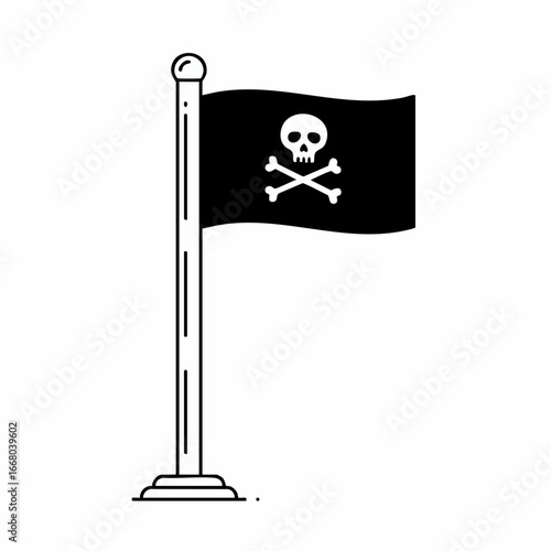 Jolly Roger flag with skull and crossbones on a black banner