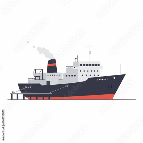 Stylized Ferry Boat with Red Stripe and Smoking Chimney at Dock