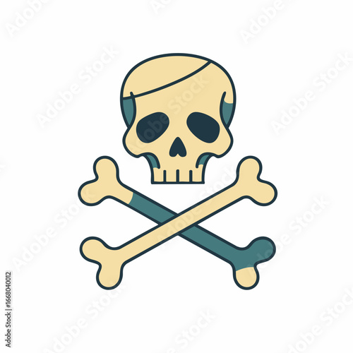Cartoon Skull and Crossbones with Teal Accents and Outlined Design