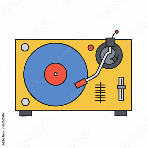 Stylized Yellow Turntable with Blue Vinyl Record and Red Center