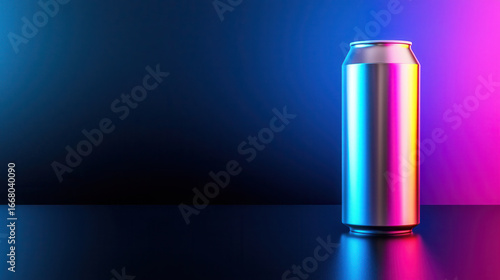 Sleek aluminum can stands against vibrant gradient background, showcasing blend of blue and pink hues, creating modern and striking visual