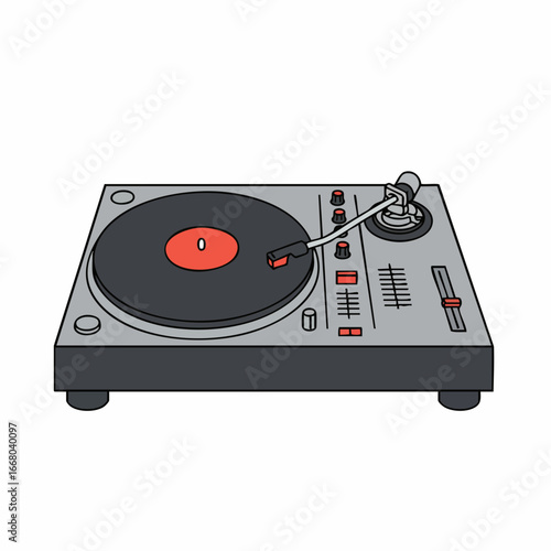 Detailed Illustration of a Classic Turntable with Red Center and Controls