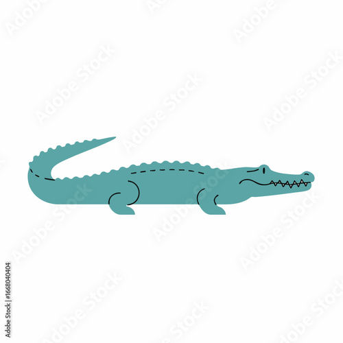 Stylized Teal Alligator Illustration with Detailed Teeth and Tail Curve