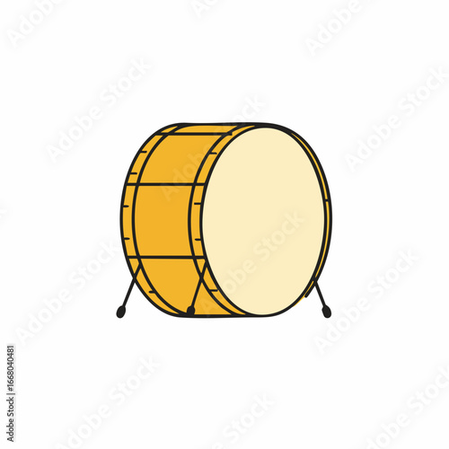 A large, yellow bass drum with black accents and supporting legs.