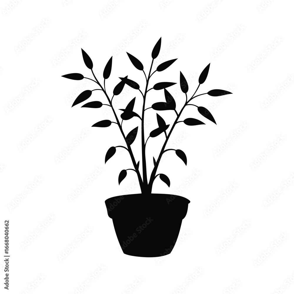 Fototapeta premium Silhouette of a potted plant with leaves, creating a graphic design element, A plant with leaves silhouette vector illustration