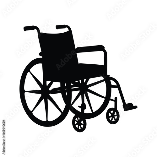 Black and white silhouette illustration of a wheelchair for mobility assistance, Medical wheelchair silhouette vector illustration