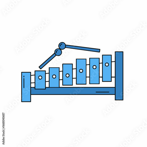 Stylized xylophone with mallets, blue outline and filled, musical instrument