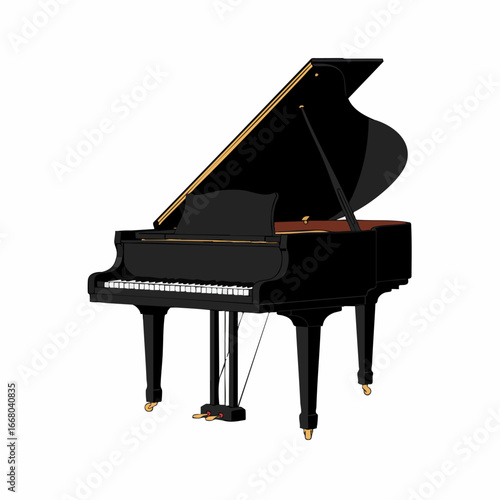 Elegant Black Grand Piano with Open Lid and Detailed Pedal Assembly