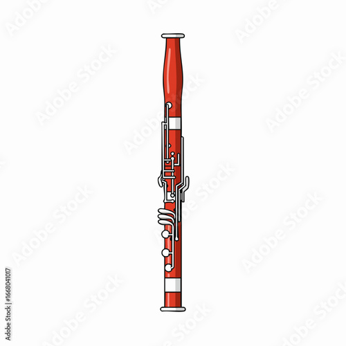 Detailed red bassoon illustration with silver keys and white accents