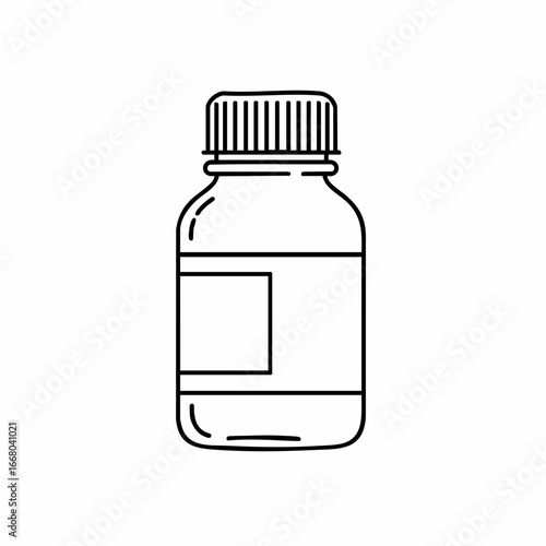 Outlined medicine bottle with label and ribbed cap, minimalist vector illustration