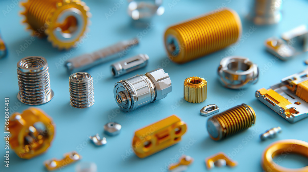Fototapeta premium Metallic components arranged blue background, showcasing various mechanical parts, including gears, screws, and connectors, highlighting intricate