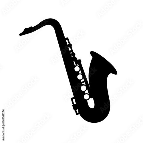 Striking black silhouette of a tenor saxophone against a pristine white background