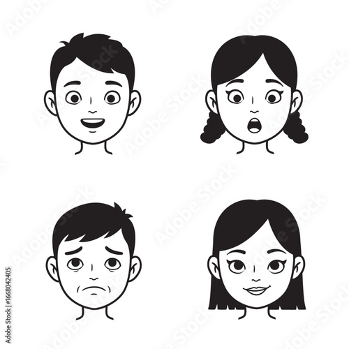 Cartoon Faces Expressing Emotions Joy Surprise Sadness and Contentment.