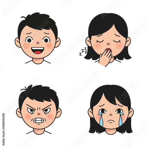 Cartoon Faces Expressing Emotions Joy Sleepiness Anger and Sadness.