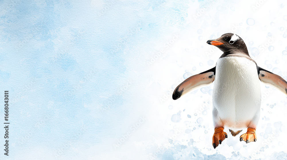 Fototapeta premium Playful penguin stands against soft blue watercolor background, showcasing its vibrant orange beak and flippers. scene evokes sense of joy