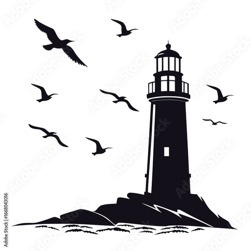 Birds flying around lighthouse silhouette