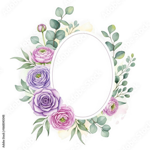 Oval frame adorned with romantic roses and eucalyptus leaves