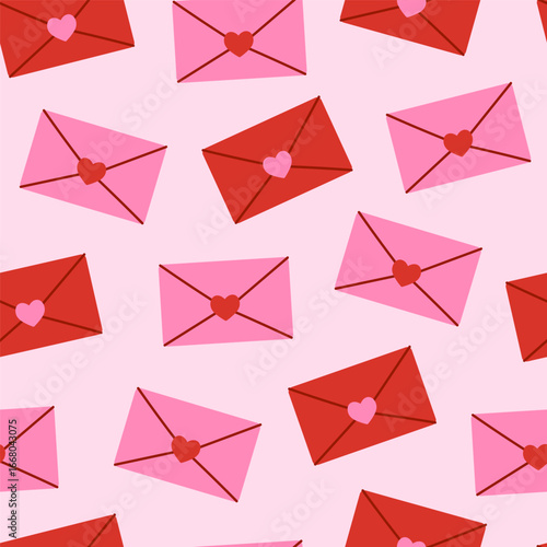 Simple seamless pattern with love envelopes in red and pink colors. Vector graphics.