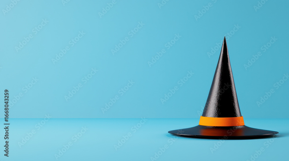 Fototapeta premium Black witch hat with orange band sits on blue background, evoking whimsical Halloween spirit