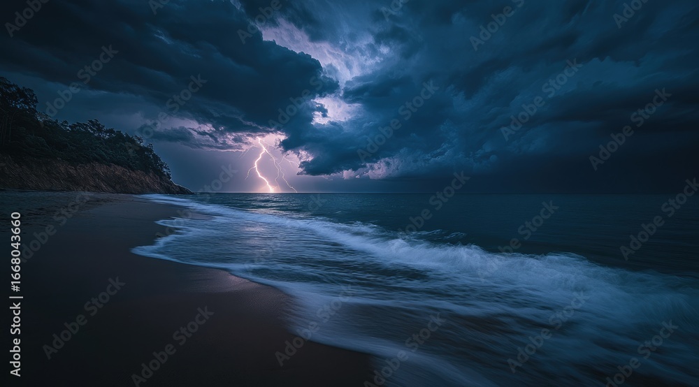Naklejka premium Stormy beach at night. Lightning illuminates the dark clouds