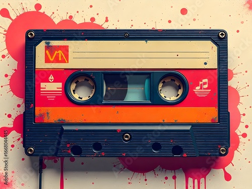 Vibrant Retro Cassette Tape Art Melding Music and Abstract Splatter Painting Techniques Beautiful Nostalgic Composition